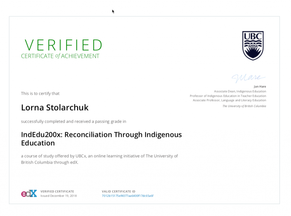Reconciliation through Indigenous Education, Dec. 2018