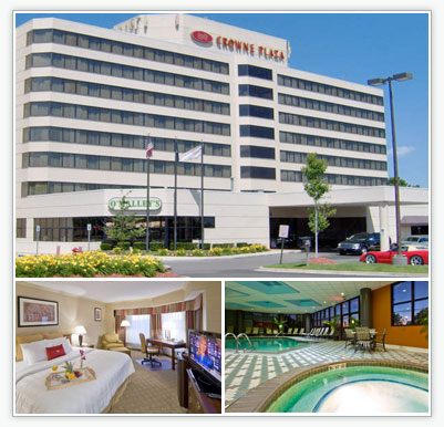 Exterior and interior pictures of Crowne Plaza
